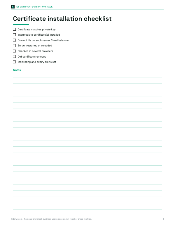 Preview of Printable Certificate Installation Checklist